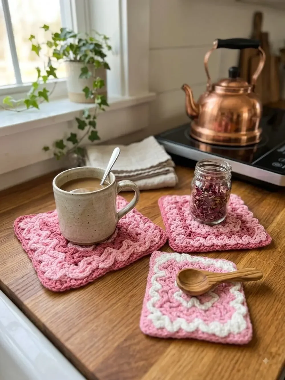 Set of 3 Pink Ruffle Crochet Hot Pads / Kitchen Trivets